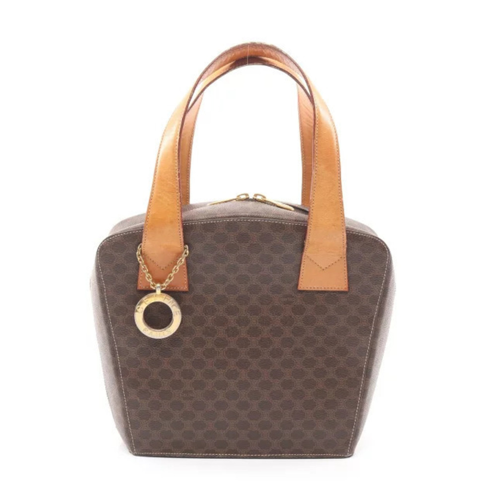 Celine Macadam Round Charm Handbag Canvas Leather Brown Beige Cream